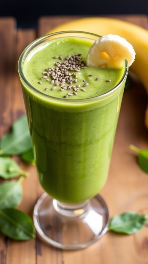 A refreshing green smoothie made with spinach and banana, served in a glass with chia seeds on top.